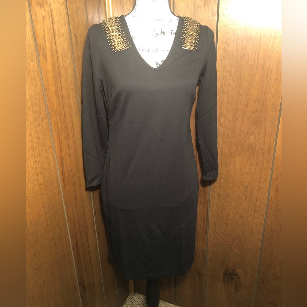 New in the package mark. Body con black dress with gold beading sz M 6/8 L 10/12